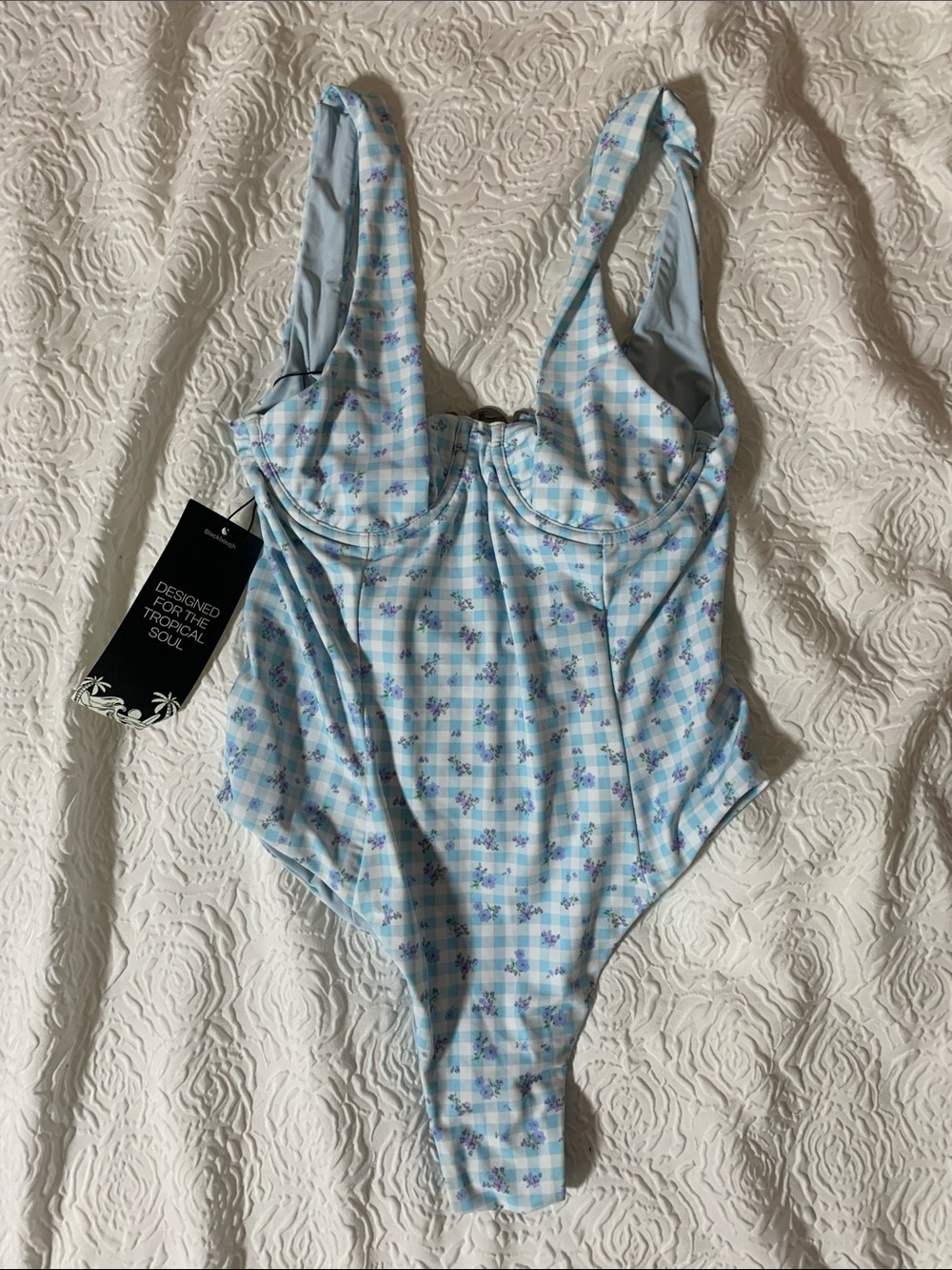 NWT Blackbough Pastel Blue Floral Gingham One-Piece Swimsuit, Size S